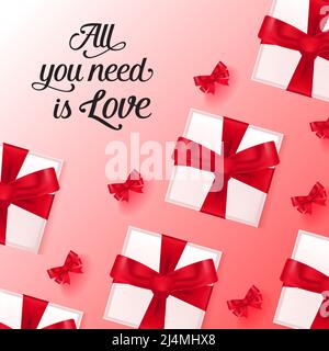 Tout ce dont vous avez besoin est le lettrage d'amour avec des boîtes-cadeaux et des rubans rouges attachés sur fond rose. Saint Valentin. Le lettrage peut être utilisé pour les invitations, Illustration de Vecteur