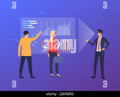 Hommes et femmes portant des lunettes de réalité virtuelle et travaillant. Futur, VR, concept du cyberespace. L'illustration vectorielle peut être utilisée pour des sujets tels que Business, t Illustration de Vecteur