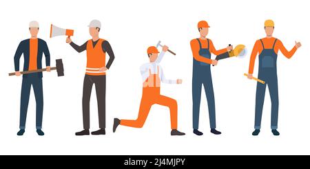 Ensemble de constructeurs, de contremaîtres et de servants travaillant. Groupe d'hommes portant un uniforme et des outils de maintien. Illustration vectorielle pour la construction de diapositives de présentation de travail Illustration de Vecteur