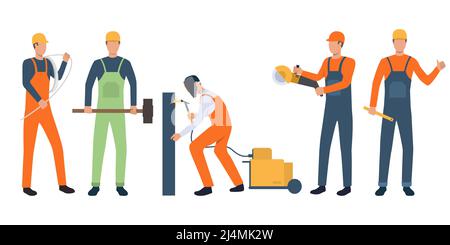 Ensemble de constructeurs, d'électriciens, de soudeurs et de serveuses travaillant. Groupe d'hommes portant un uniforme et des outils de maintien. Illustration vectorielle pour la construction de la prése de travail Illustration de Vecteur