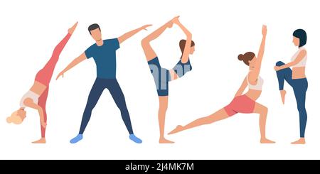 Ensemble de personnes flexibles dans différents postes. Groupe de personnages de dessin animé à vecteur plat femelle et mâle sur fond blanc. Peut être utilisé pour les annonceurs Illustration de Vecteur