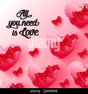 Tout ce dont vous avez besoin est le lettrage d'amour avec des boîtes en forme de coeur décorées avec des rubans rouges sur fond rose dégradé. Saint Valentin. Le lettrage peut être Illustration de Vecteur
