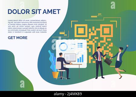 Des gens d'affaires joyeux au bureau, un code QR et un exemple de texte. Concept d'identification, de workflow, d'analyse. Modèle de diapositive de présentation. Illustrateur vectoriel Illustration de Vecteur
