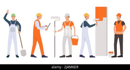 Ensemble de constructeurs, contremaître, peintres et hommes de main qui travaillent. Groupe d'hommes portant un uniforme et des outils de maintien. Illustration vectorielle pour le travail de construction présent Illustration de Vecteur
