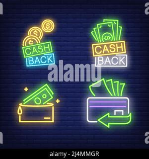 Lettrage de retour d'argent, carte en plastique, ensemble d'affiches fluo de portefeuille. Argent, affaires, conception financière. Panneau néons lumineux de nuit, panneau d'affichage coloré, bannière lumineuse. Illustration de Vecteur