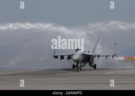 Cmdr. Marine américaine Neal Young, l'ancien commandant du Strike Fighter Squadron 115 (VFA-115), taxi sous des ruisseaux d'eau lors d'une cérémonie de changement de commandement à la Marine corps Air Station Iwakuni (Japon), le 7 avril 2022. Au cours de la cérémonie, Young a été soulagé par Cmdr. Michael Riley. VFA-115 est un escadron de chasse F/A-18E Super Hornet Strike, affecté à Carrier Air Wing (CVW) 5, opérant à partir de MCAS Iwakuni. Le CVW-5 est déployé vers la station aérienne afin d'assurer la sécurité et la stabilité dans l'ensemble de l'Indo-Pacifique. (É.-U. Phot du corps marin par lance Cpl. Calah Thompson) Banque D'Images