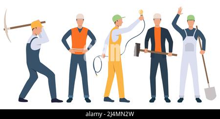 Ensemble de constructeurs, d'électriciens et de servants qui travaillent. Groupe d'hommes portant un uniforme et des outils de maintien. Illustration vectorielle pour la présentation des travaux de construction Illustration de Vecteur