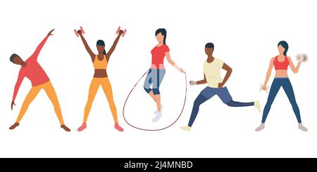 Entraînement multiethnique actif en salle de sport. Illustration vectorielle des exercices des hommes et des femmes. Peut être utilisé pour club de santé, présentation, pro Illustration de Vecteur