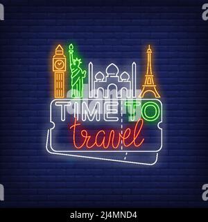 Le temps de voyager est un lettrage au néon avec des monuments célèbres. Tourisme, vacances et Voyage design. Panneau néons lumineux de nuit, panneau d'affichage coloré, bannière lumineuse. Ven Illustration de Vecteur