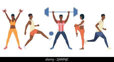 Entraînement de personnes difficiles avec équipement sportif. Athlètes masculins et féminins dans diverses positions. L'illustration vectorielle peut être utilisée pour la présentation, a Illustration de Vecteur