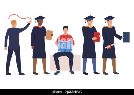 Collection d'étudiants réussis dans des robes universitaires. Ensemble d'étudiants de gradations multi-ethniques avec des diplômes. L'illustration vectorielle peut être utilisée pour ar Illustration de Vecteur