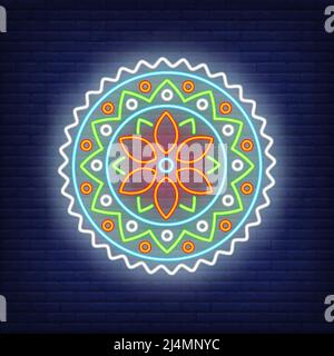 Panneau fluo rond coloré à motif de mandala. Conception de concept de yoga et de méditation. Panneau néons lumineux de nuit, panneau d'affichage coloré, bannière lumineuse. Illustration vectorielle Illustration de Vecteur