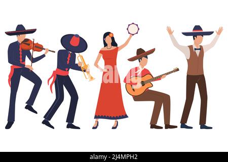 Ensemble de musiciens mexicains. Hommes dans les instruments de jeu de sombreros, femme dansant avec le tambourin. Afficher le concept. L'illustration vectorielle peut être utilisée pour la rubrique Illustration de Vecteur