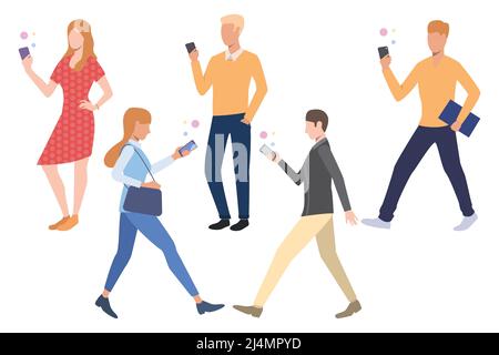 Ensemble de personnes utilisant un smartphone. Jeunes hommes et femmes debout, marchant, tenant des téléphones portables. Concept de personnes. L'illustration vectorielle peut être utilisée pour le dessus Illustration de Vecteur