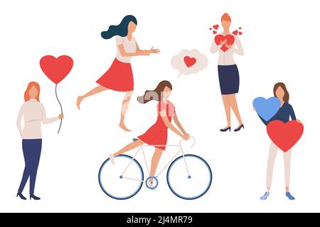 Ensemble de filles dans l'amour. Jeunes femmes tenant le coeur, portant ballon d'air, vélo d'équitation. Concept de personnes. L'illustration vectorielle peut être utilisée pour des sujets tels que da Illustration de Vecteur