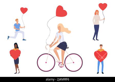 Ensemble de jeunes avec ballons de coeur. Personnages de dessins animés plats montrant le symbole de l'amour et de l'affection. Peut être utilisé pour la présentation, le commerce, la feuille Illustration de Vecteur