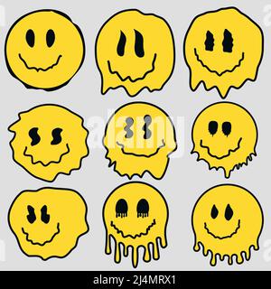 Grand ensemble déformé sourire emoji isolé sur fond blanc. Illustration de Vecteur