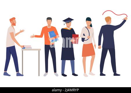 Groupe de jeunes élèves de sexe masculin et féminin avec manuels scolaires. Ensemble d'étudiants universitaires à différents postes. L'illustration vectorielle peut être utilisée pour le présent Illustration de Vecteur