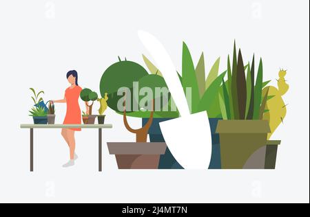 Femme debout à la table et poussant des plantes de maison dans des pots. Feuilles, nature, concept d'agriculture. L'illustration vectorielle peut être utilisée pour des sujets comme la botanique, Illustration de Vecteur