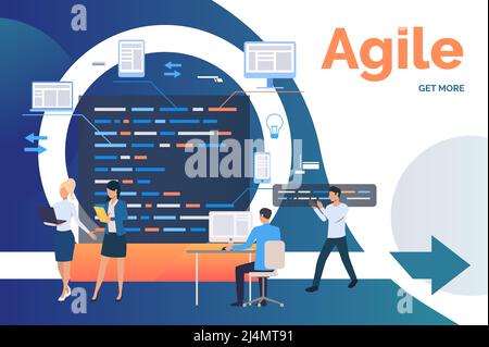 Professionnel travaillant sur le projet. Réunion Scrum, gestion agile, processus. Concept d'entreprise. L'illustration vectorielle peut être utilisée pour la présentation Illustration de Vecteur