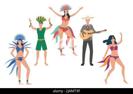 Collection de danseurs en costumes traditionnels. Personnages de dessins animés plats jouant de la musique et dansant au carnaval brésilien. Illustration vectorielle pour show p Illustration de Vecteur