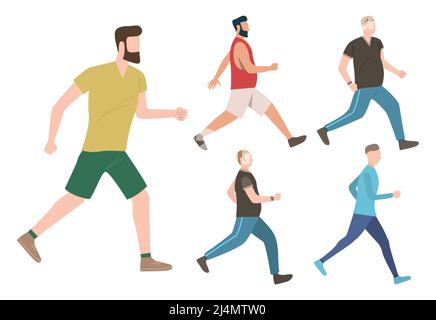 Ensemble d'hommes gardant un style de vie actif. Des hommes bien construits et gras marchant et courant. Concept de fitness. L'illustration vectorielle peut être utilisée pour des sujets comme la voiture Illustration de Vecteur