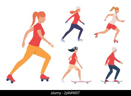 Ensemble d'activités de patinage. Les filles et les gars skate, roller et patinage sur glace. Concept d'activité. L'illustration vectorielle peut être utilisée pour les rubriques l Illustration de Vecteur