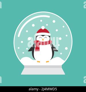 Boule de neige à dessin animé à vecteur plat avec pingouin isolé sur fond de menthe Illustration de Vecteur