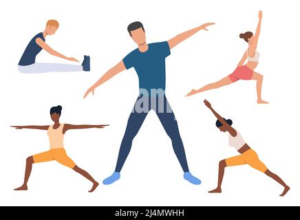 Jeu de yogi. Hommes et femmes faisant du yoga, tenant des poses, étirant des muscles. Concept sport. L'illustration vectorielle peut être utilisée pour des sujets tels que fitness ou bo Illustration de Vecteur