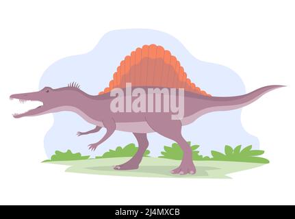 Spinosaurus chasse aux dinosaures prédatrice de la période jurassique. Plaque à ailettes à l'arrière. Illustration de dessin animé vectoriel Illustration de Vecteur