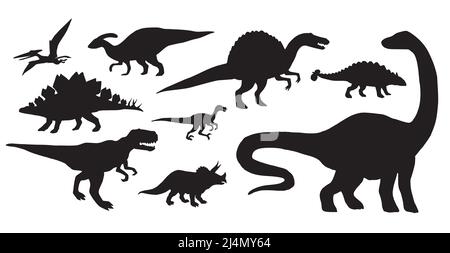 Ensemble vectoriel de dinosaures noirs silhouette isolée sur fond blanc Illustration de Vecteur