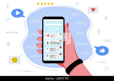 De nombreuses notifications dans le téléphone mobile distractions en ligne chaos messages Notifications technologie numérique et communication vecteur illustration conce Illustration de Vecteur