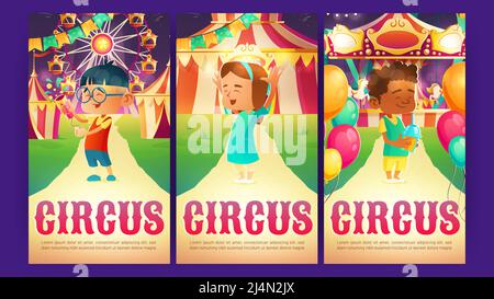 Affiches de dessins animés de cirque, invitation au parc d'attractions. Des enfants heureux tenant un cocktail et un flapper au salon de nuit avec carrousel au joyeux, grand t Illustration de Vecteur