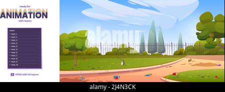 Parc municipal sale avec fond de bande dessinée à ordures Scatter pour l'animation de jeu avec des couches séparées. Les déchets se trouvent sur une pelouse en herbe verte. Ville d'été de pollu Illustration de Vecteur