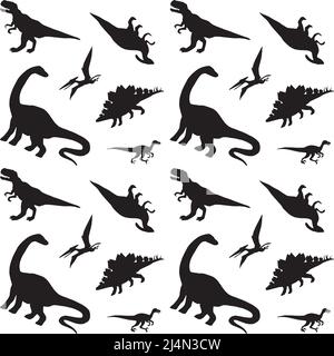 Motif vectoriel sans couture de la silhouette des dinosaures noirs isolé sur fond blanc Illustration de Vecteur