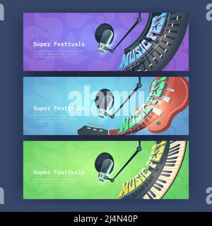 Affiches Super festival avec instruments de musique et microphone. Vecteur d'invitation flyers à la fête jazz, rock ou pop, fête musicale avec caricature Illustration de Vecteur