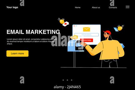 E-mail marketing page d'arrivée avec postman fille mettre des enveloppes de lettre dans la boîte aux lettres près de bureau d'ordinateur, avec la page de navigateur. Service de messages électroniques Illustration de Vecteur