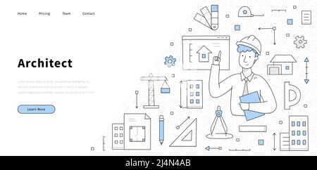 Bannière d'architecte avec homme ingénieur en casque et icônes de l'industrie de la construction. La page d'accueil Vector de l'architecture fonctionne avec l'illustration doodle de Illustration de Vecteur
