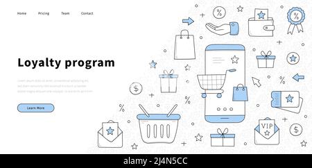 Bannière du programme de fidélité avec boîtes cadeaux Doodle, téléphone mobile, panier, carte de réduction et étoiles. Page d'accueil Vector de récompense client, exclusive Illustration de Vecteur