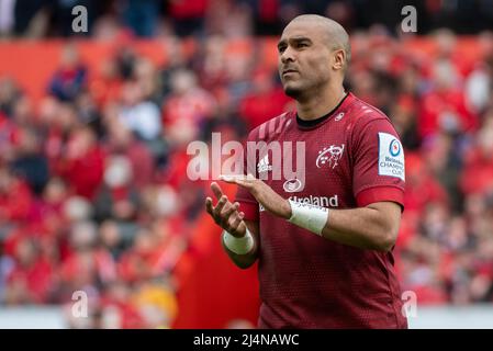 Limerick, Irlande. 17th avril 2022. Simon Zebo de Munster célèbre après la Heineken Champions Cup, Round of 16, match de 2nd jambes entre Munster Rugby et Exeter Chiefs au parc Thomond de Limerick, Irlande, le 16 avril 2022 (photo par Andrew SURMA/ Credit: SIPA USA/Alay Live News Banque D'Images