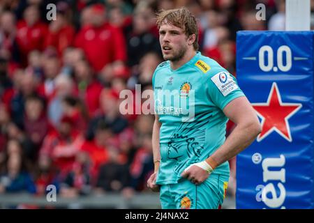 Limerick, Irlande. 17th avril 2022. Jonny Gray d'Exeter lors de la Heineken Champions Cup, Round de 16, match de 2nd jambes entre Munster Rugby et Exeter Chiefs au parc Thomond de Limerick, Irlande, le 16 avril 2022 (photo par Andrew SURMA/ Credit: SIPA USA/Alay Live News Banque D'Images