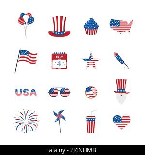Ensemble d'icônes pour le jour de l'indépendance des États-Unis. Éléments de vacances pour la célébration du 4th juillet. Journée nationale de la liberté. Illustration vectorielle de style dessin animé Illustration de Vecteur