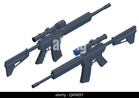 Le fusil automatique moderne isométrique et la vue du collimateur s'isolent sur un fond blanc. Pistolet de sous-machine tactique. Illustration de Vecteur