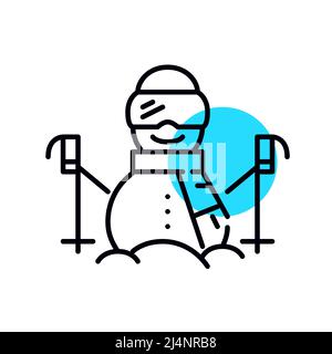 Bonhomme de neige portant des lunettes, un casque et une écharpe et tenant des bâtons de ski. Vacances d'hiver. Pixel Perfect, icône géométrique de contour modifiable Illustration de Vecteur