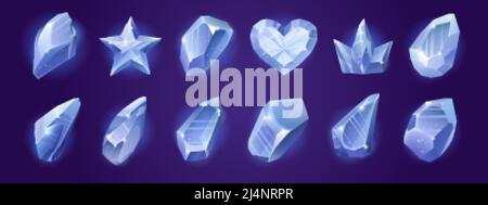 Icônes de jeu des cristaux de diamant en forme de abstrait, d'étoile, de coeur et de couronne. Ensemble de dessins animés vectoriels de pierres brillantes bleues ou de pierres de verre, de glace ou de rhinestone Illustration de Vecteur