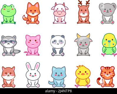 Les petits animaux assis. Personnages du zoo de kawaii, animal mignon avec ensemble de vecteur sourire heureux Illustration de Vecteur