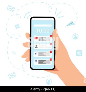 Main tenant le téléphone portable avec une nouvelle icône d'e-mail. Notifications de message de chat concept de chat, de sms et de communication concept d'illustration de vecteur Illustration de Vecteur