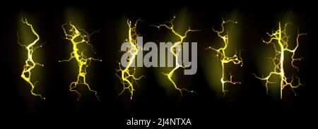 Jeu de foudre jaune, coup d'éclair électrique pendant la tempête de nuit. Décharge électrique puissante, impact, fissure, flash d'énergie magique. Réaliste Illustration de Vecteur