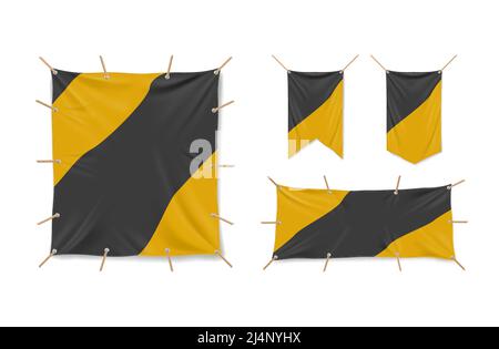 Bannières en vinyle maquette 3D vecteur, auvents en tissu et drapeaux étirés sur le Flex. Toile noire et jaune de forme carrée et rectangulaire pour publicité de rue, Illustration de Vecteur