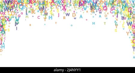 Chute de lettres de langue anglaise. Mots volants de l'alphabet latin, tracés à la main et lumineux. Concept d'étude des langues étrangères. Juteux de retour à l'école bannière sur Illustration de Vecteur